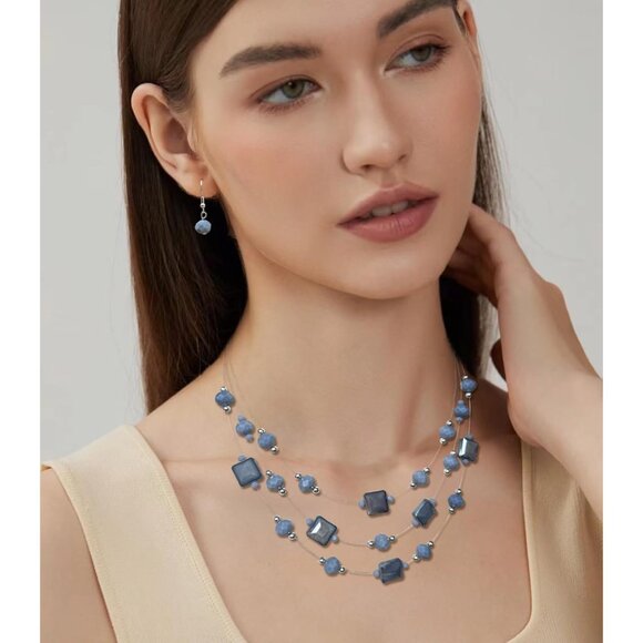 Layered Silver Beaded Necklace for Women Square Crystal Beads Statement Collar N - Picture 3 of 6